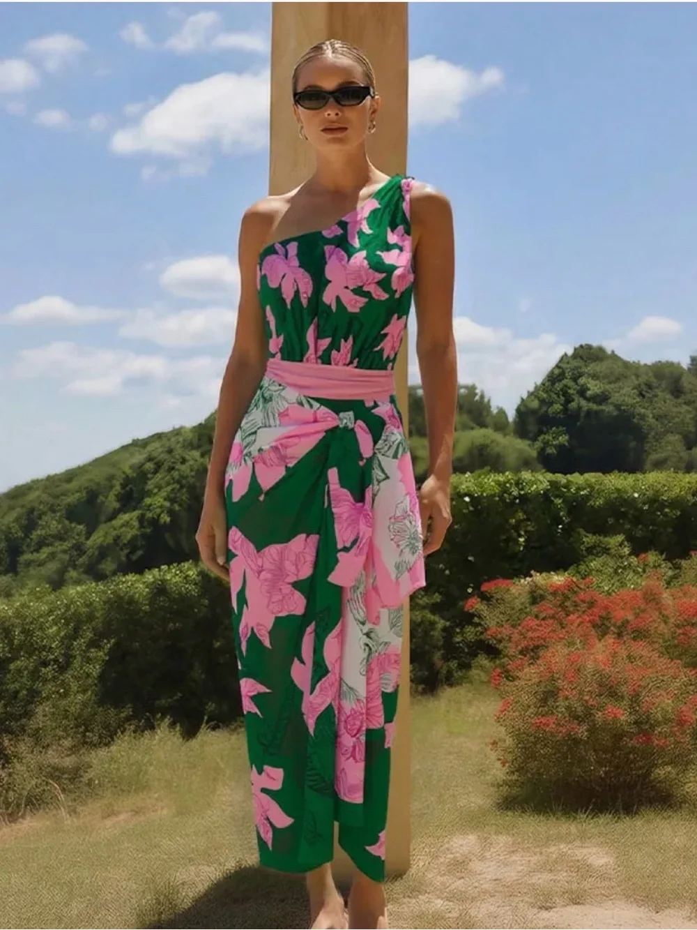 Green & Pink Floral One-Shoulder Swimsuit with Matching Skirt Size Medium